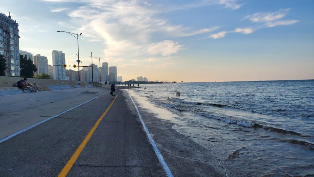 The lake shore path along the open water swimming area at Ohio Street Beach in Chicago