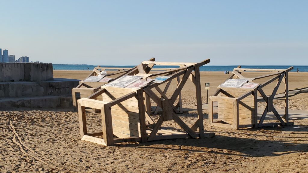 Lifeguard towers come down at the end of summer at Montrose Beach. A lot of good open water swimming with comfortable water temperatures in Lake Michigan continue into fall.